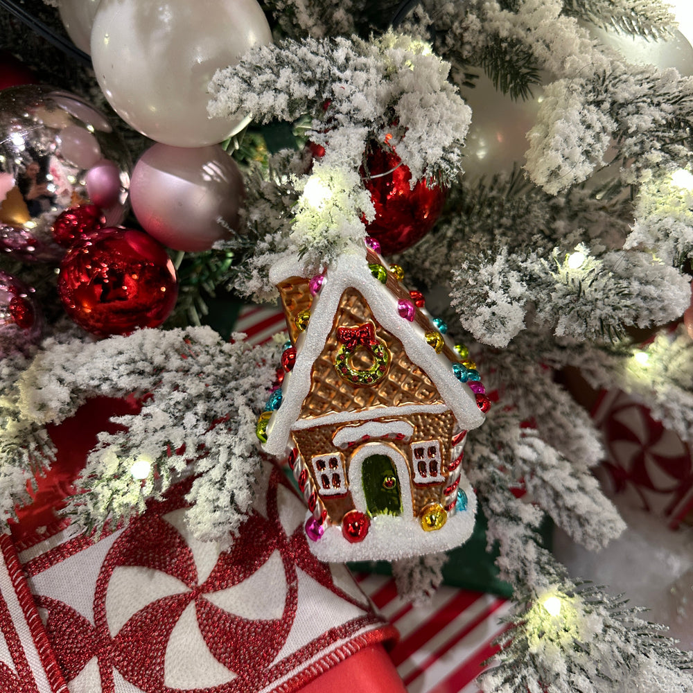 Viv! Christmas Kerstornament - Gingerbread Huis - glas - bruin rood - 12cm