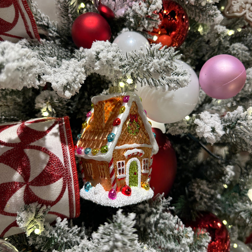 Viv! Christmas Kerstornament - Gingerbread Huis - glas - bruin rood - 12cm