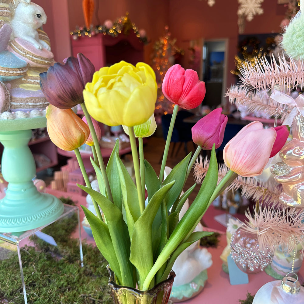Viv! Home Luxuries - Tulpenboeket - 9 stuks - kunststof bloem - 44cm - roze paars perzik wit geel
