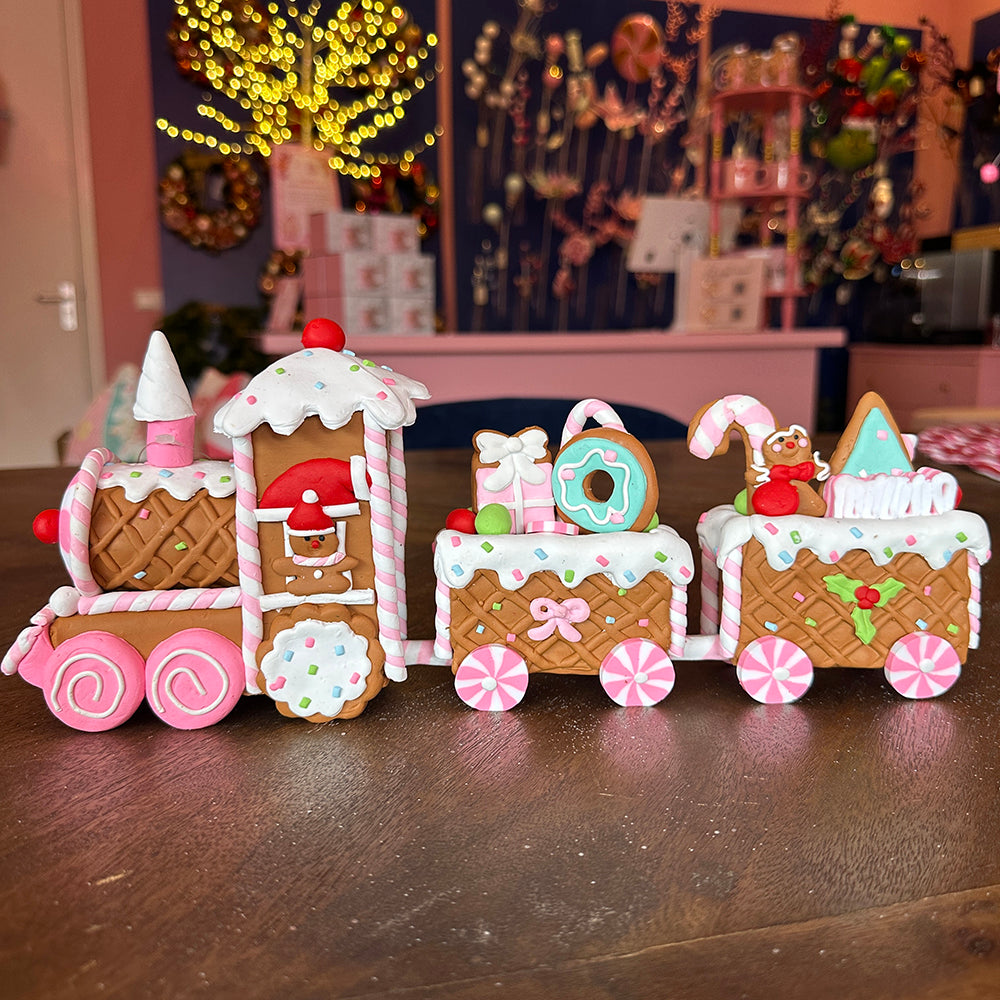 Viv! Christmas Kerstbeeld - Gingerbread Trein - pastel - roze - 33cm