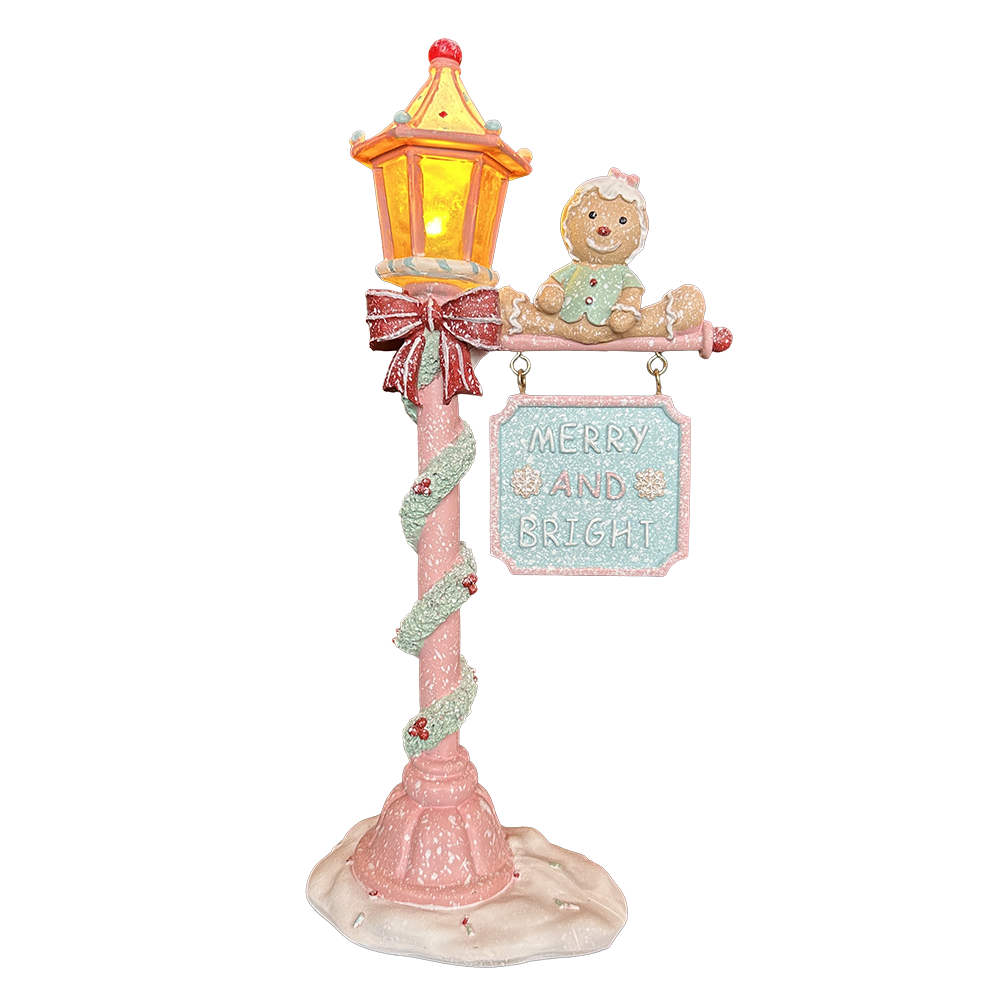 Viv! Christmas Kerstbeeld - Gingerbread Lantaarn incl. LED Verlichting - pastel - roze groen - 36cm