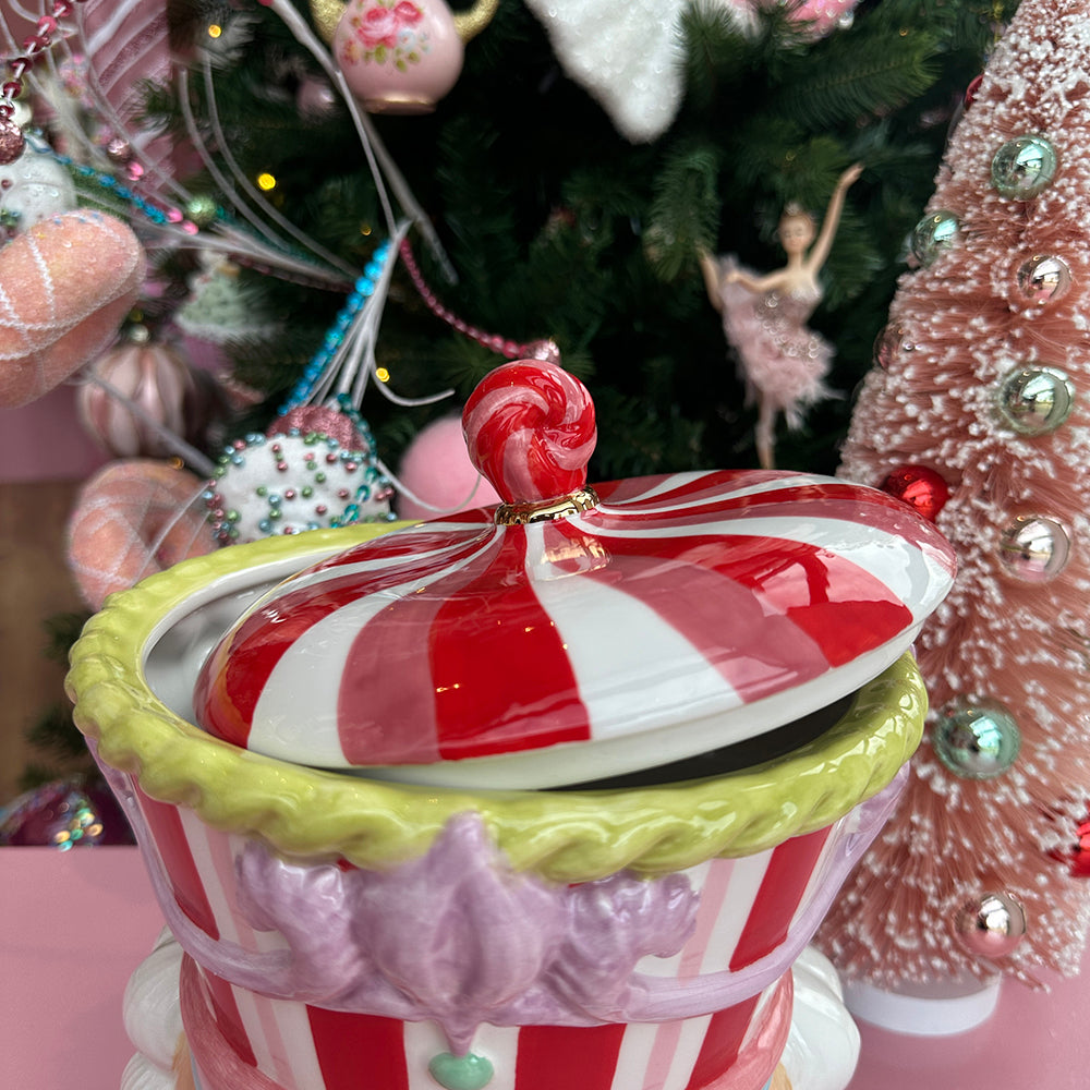 Viv! Christmas Kerstservies - Kerst Koektrommel Notenkraker - keramiek - rood roze wit - 25cm