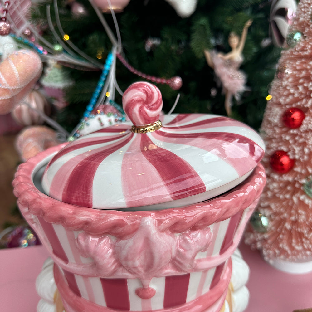 Viv! Christmas Kerstservies - Kerst Koektrommel Notenkraker - keramiek - roze wit - 25cm