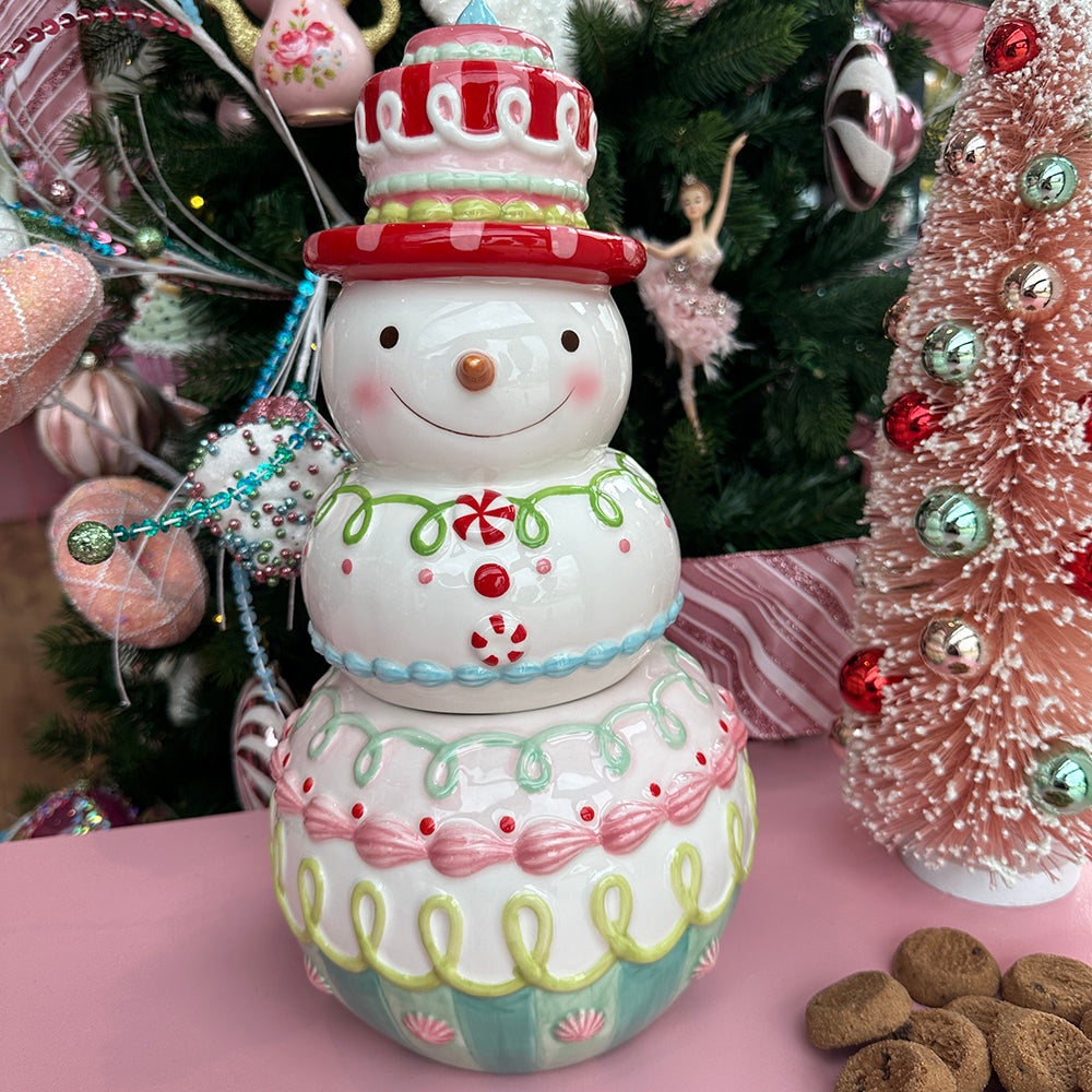 Viv! Christmas Kerstservies - Kerst Koektrommel Sneeuwpop - keramiek - pastel - roze wit - 36cm je