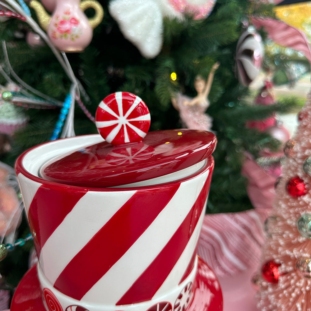 Viv! Christmas Kerstservies - Kerst Koektrommel Pepermunt Swirl Sneeuwpop - keramiek - rood wit - 30cm