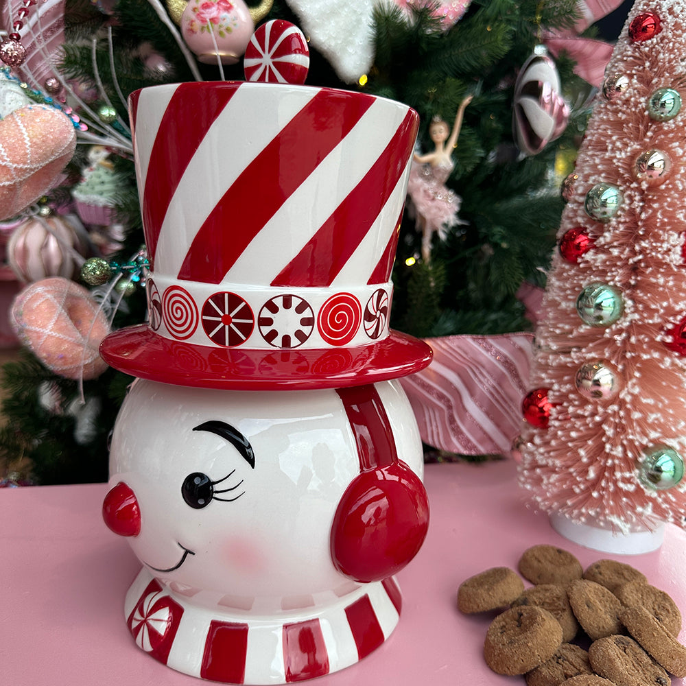 Viv! Christmas Kerstservies - Kerst Koektrommel Pepermunt Swirl Sneeuwpop - keramiek - rood wit - 30cm