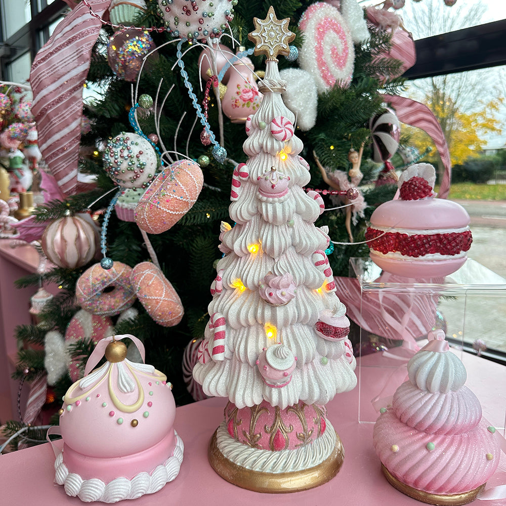 Viv! Christmas Kerstbeeld - Meringue Kerstboom Taart Vol Snoep incl. LED Verlichting - roze wit - 42cm