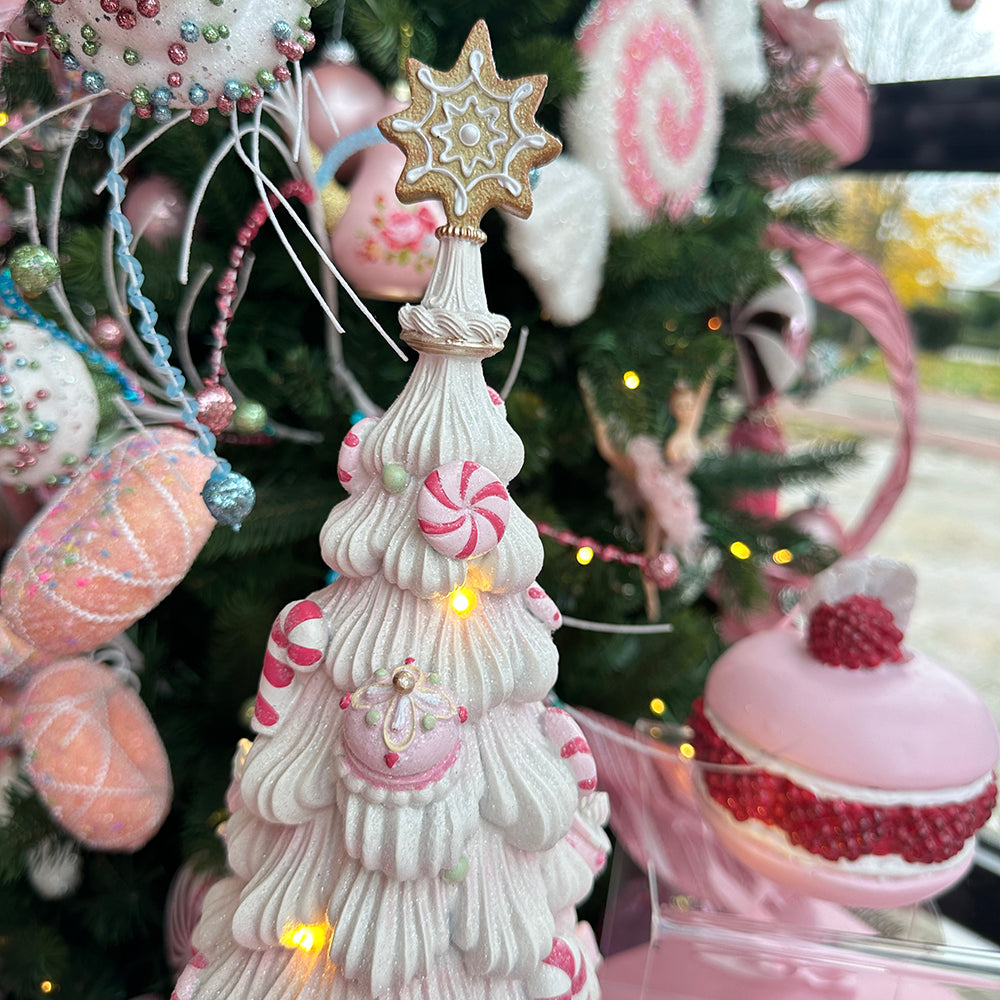 Viv! Christmas Kerstbeeld - Meringue Kerstboom Taart Vol Snoep incl. LED Verlichting - roze wit - 42cm