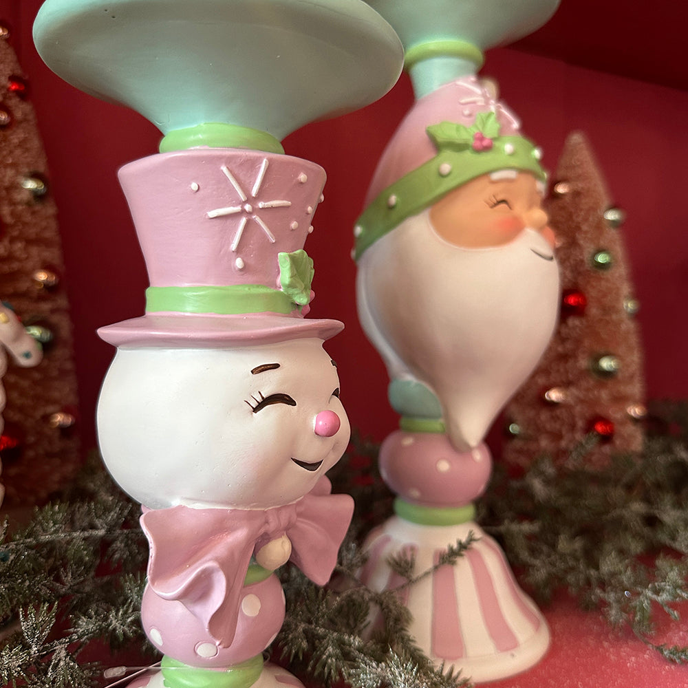 Viv! Christmas Kerst Tafeldecoratie - Kandelaar Sneeuwpop met Vlinderdas - pastel - roze wit - 23cm