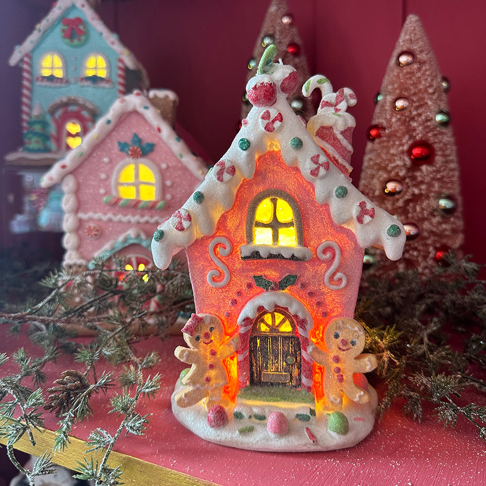 Viv! Christmas Kerstbeeld - Gingerbread Huis incl. LED Verlichting - roze wit - 20cm