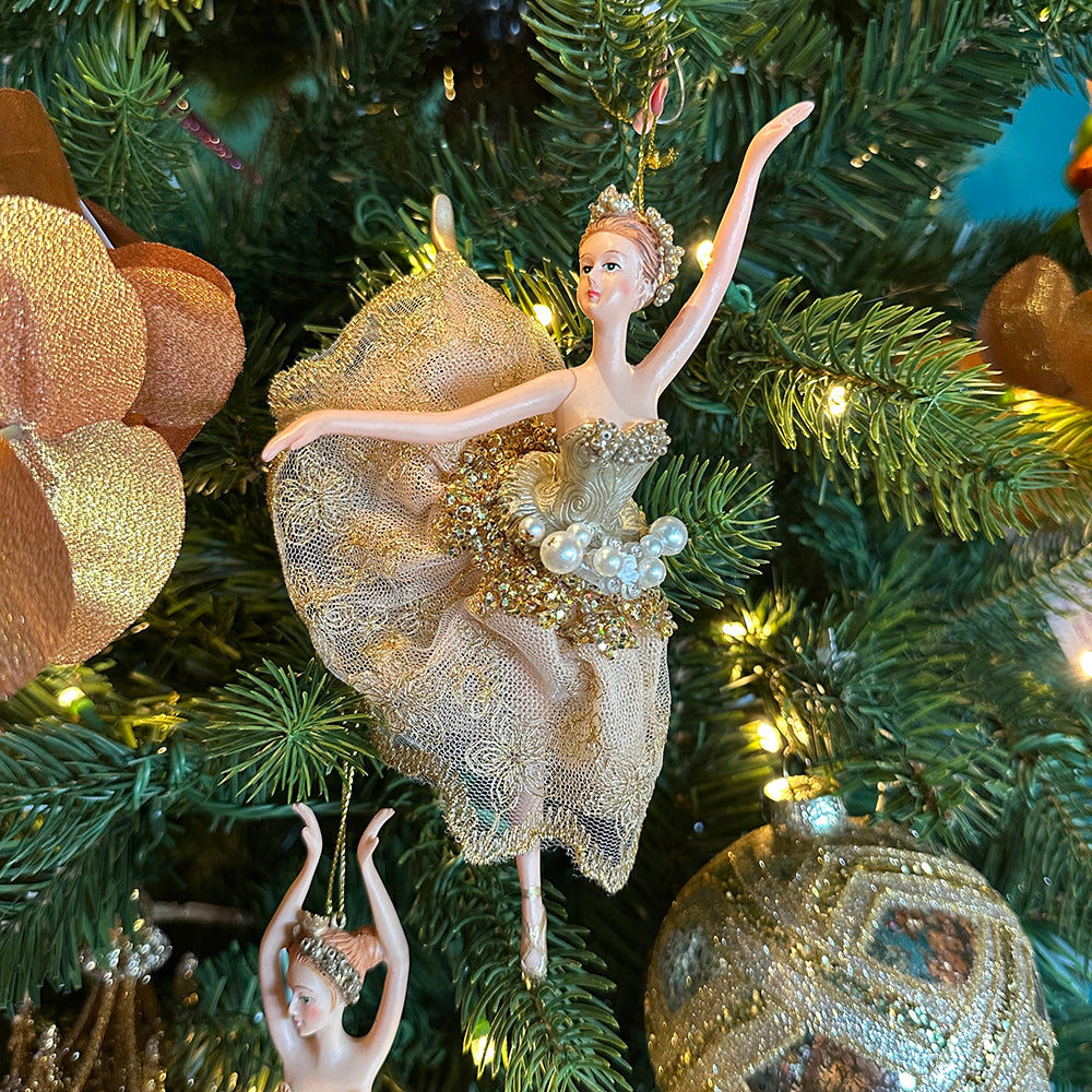 Viv! Christmas Kerstornament - Ballerina's Bloemenrok - set van 2 - goud - 18cm