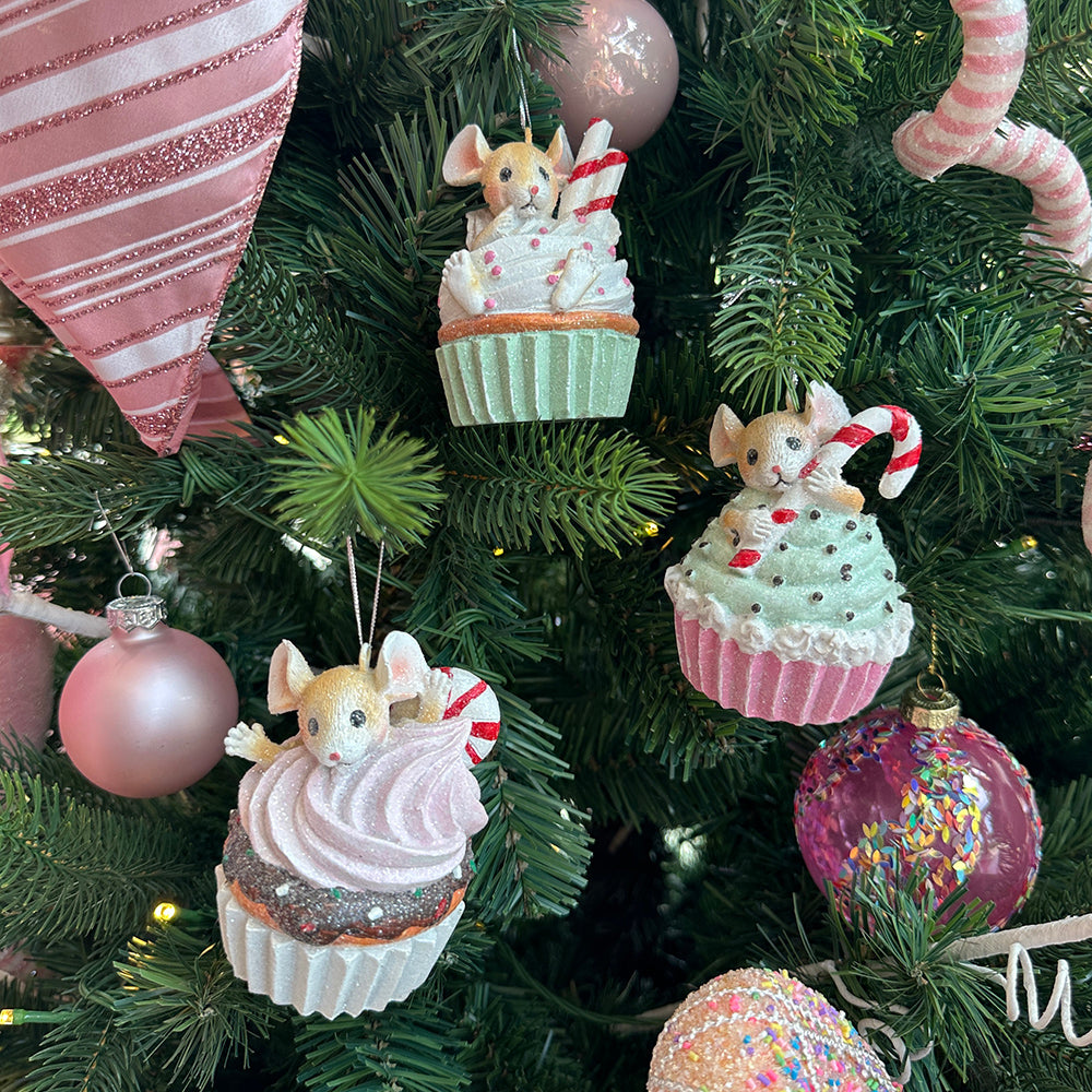 Viv! Christmas Kerstornament - Muisjes in Cupcakes - set van 3 - pastel - multi - 8cm