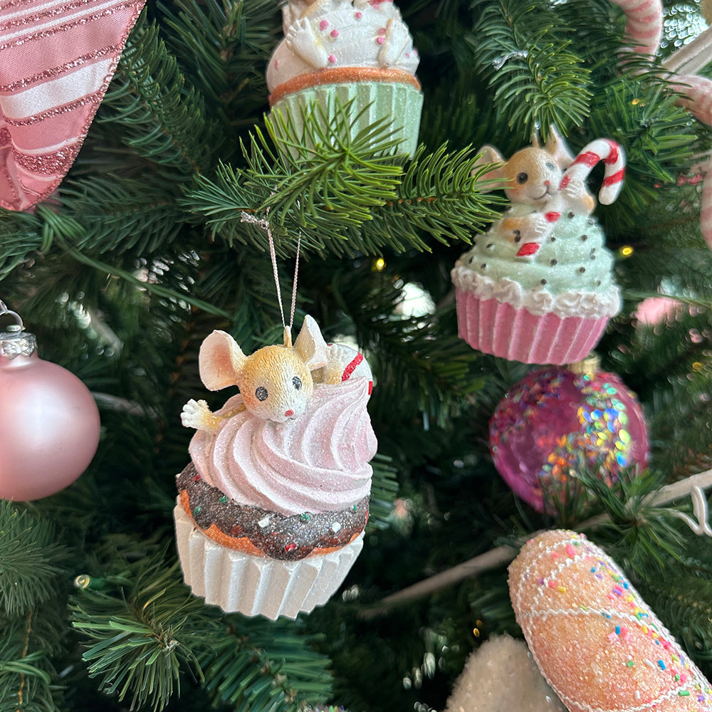 Viv! Christmas Kerstornament - Muisjes in Cupcakes - set van 3 - pastel - multi - 8cm