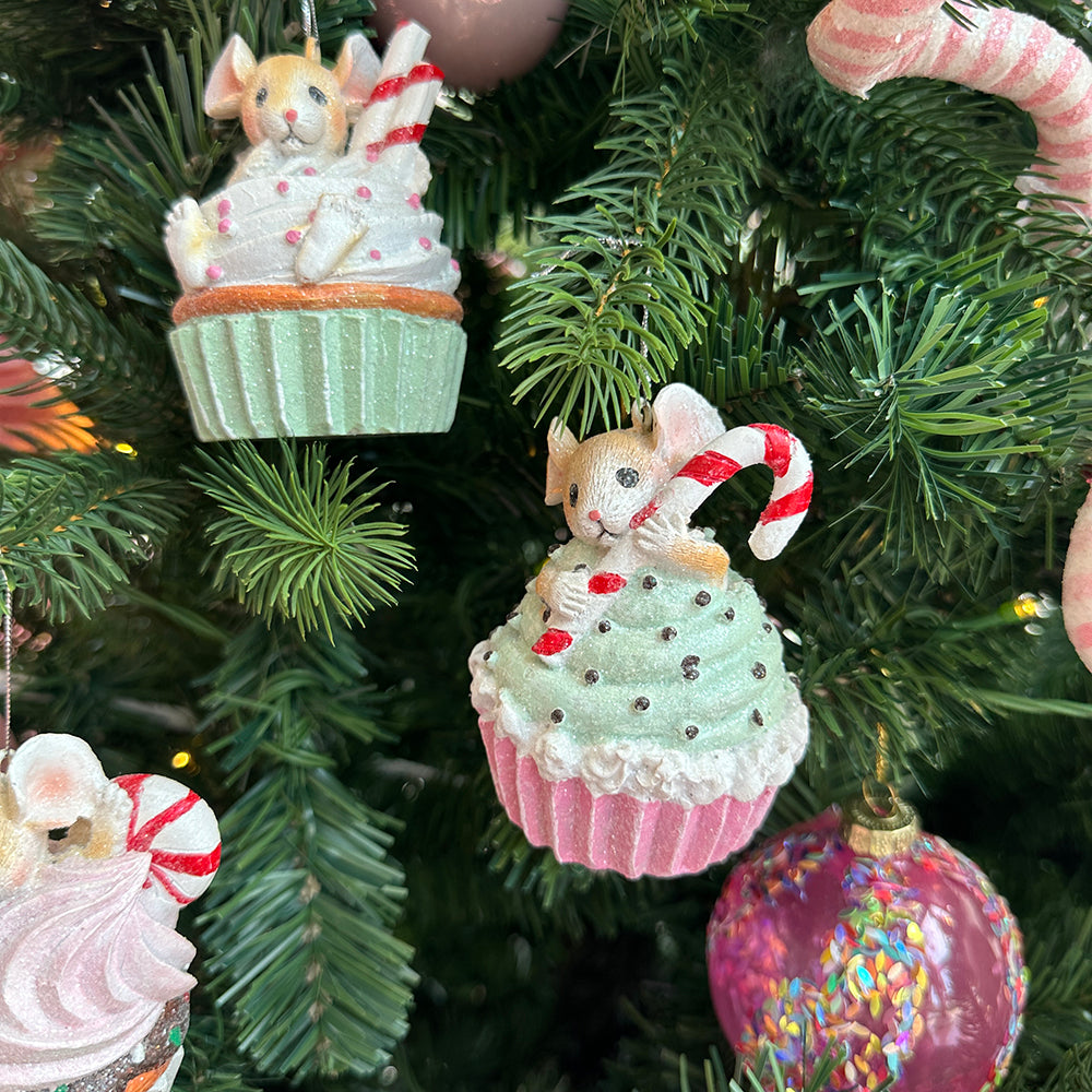 Viv! Christmas Kerstornament - Muisjes in Cupcakes - set van 3 - pastel - multi - 8cm