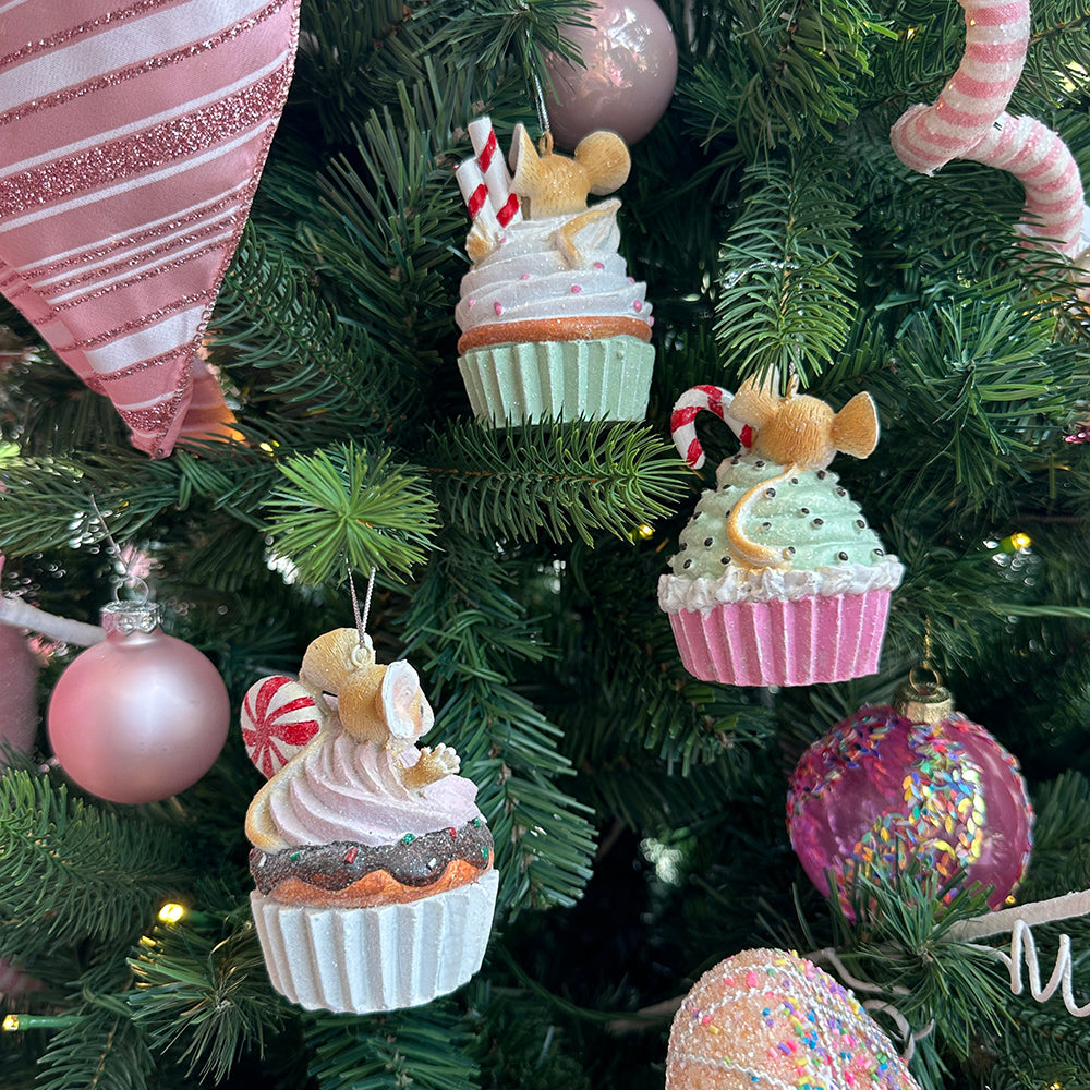 Viv! Christmas Kerstornament - Muisjes in Cupcakes - set van 3 - pastel - multi - 8cm