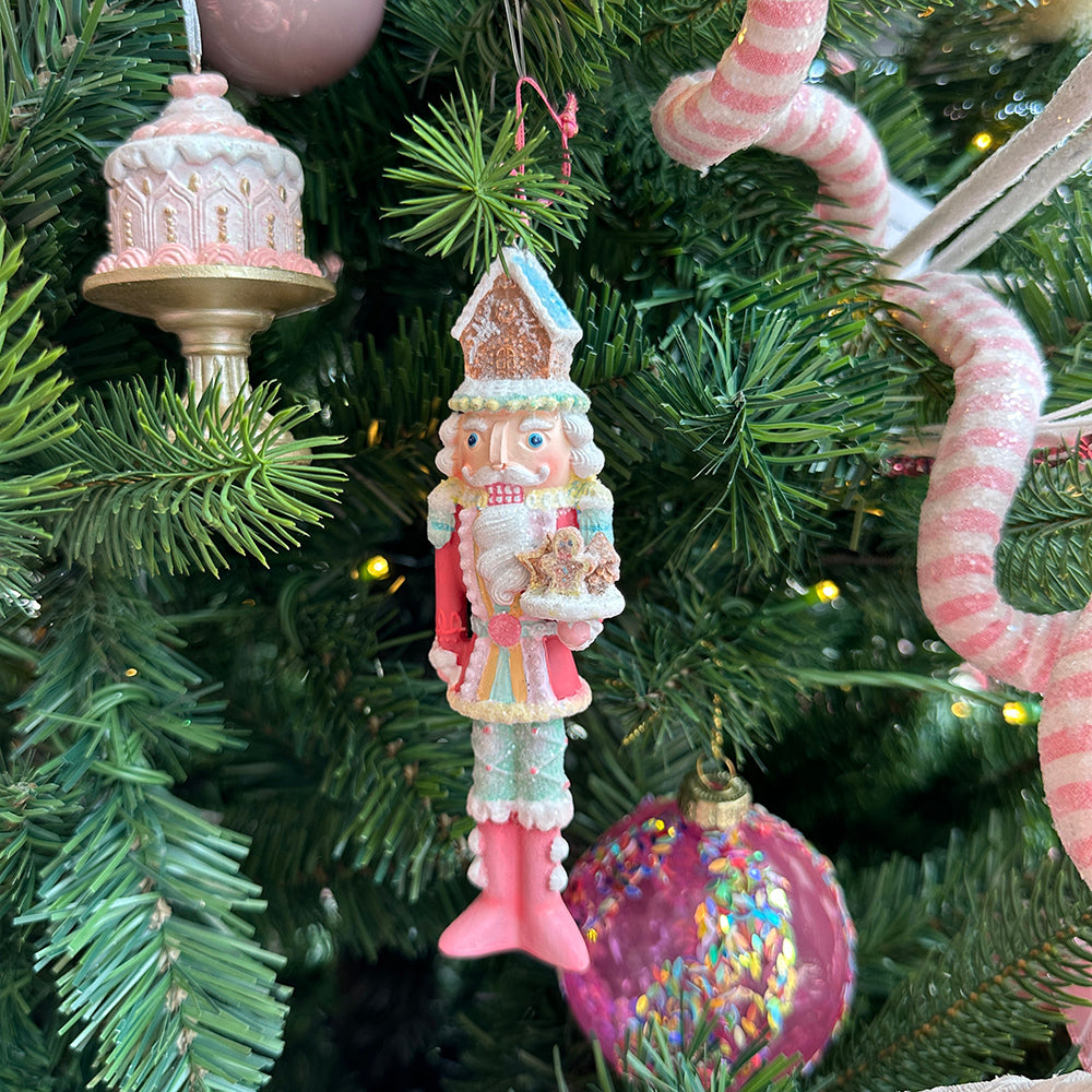 Viv! Christmas Kerstornament - Gingerbread Huis Kerst Notenkraker - pastel - roze rood wit - 15cm