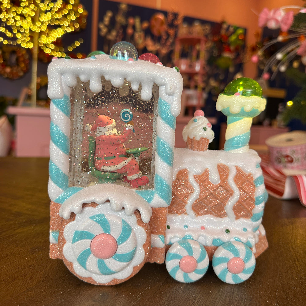 Viv! Christmas Kerst Sneeuwbol incl. LED - Gingerbread Trein met Kerstman  - automatisch - pastel blauw - 18cm