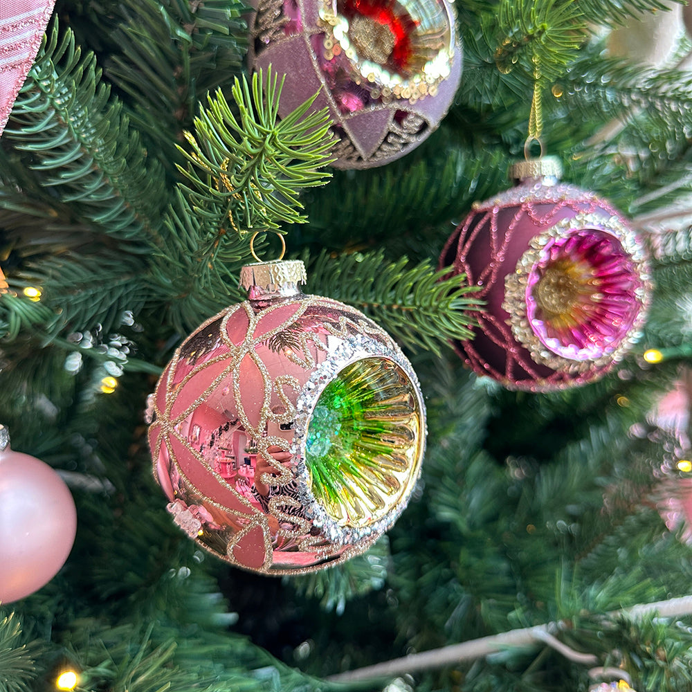 Viv! Christmas Kerstbal - Vintage Reflector Kerstballen - set van 3 - glas - roze - 8cm