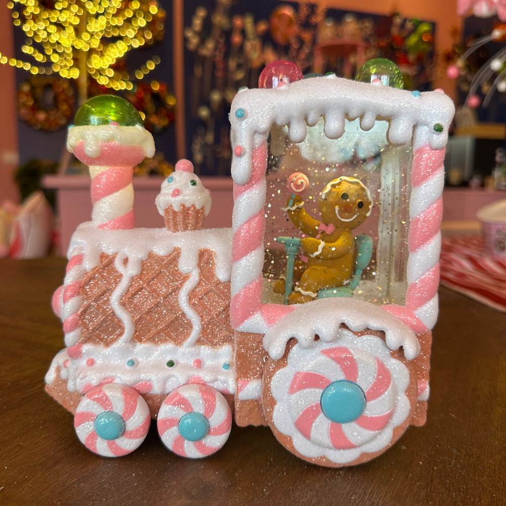 Viv! Christmas Kerst Sneeuwbol incl. LED - Gingerbread Trein met Peperkoekmannetje  - automatisch - pastel roze - 18cm