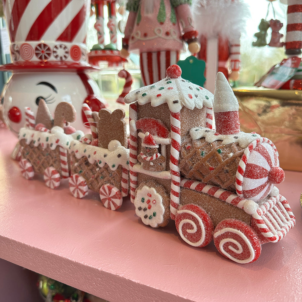 Viv! Christmas Kerstbeeld - Gingerbread Trein - bruin wit rood - 33cm