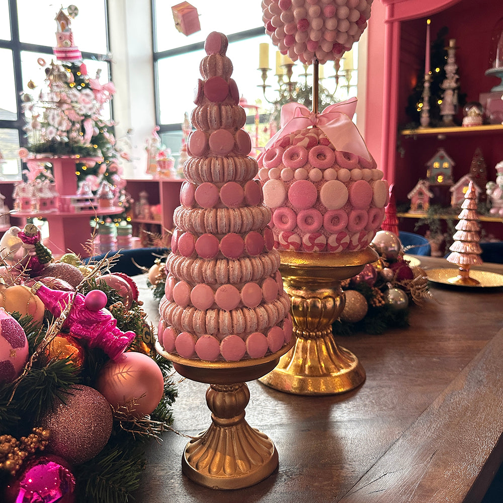 Viv! Christmas Kerstbeeld - Macaron Taart op Gouden Voetstuk - roze goud - 41cm