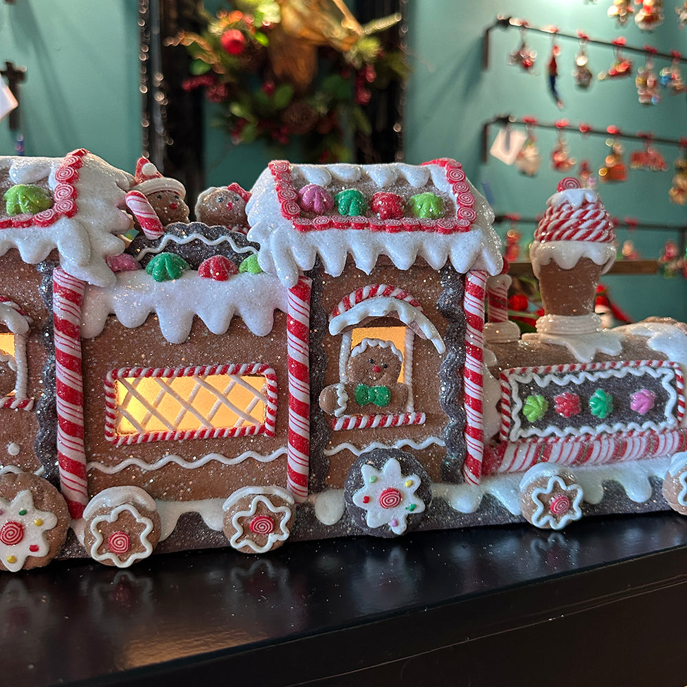 Viv! Christmas Kerstbeeld - Gingerbread Trein incl. LED Verlichting - rood wit bruin - 48cm