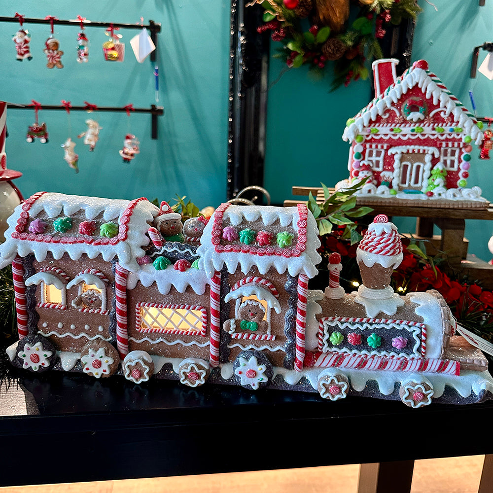 Viv! Christmas Kerstbeeld - Gingerbread Trein incl. LED Verlichting - rood wit bruin - 48cm