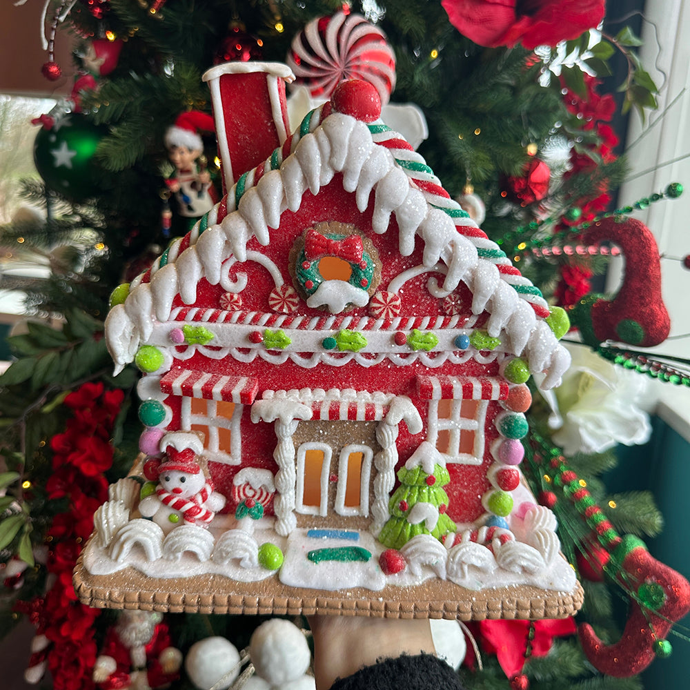 Viv! Christmas Kerstbeeld - Snoep Gingerbread Huis met Sneeuwpop incl. LED Verlichting - rood wit - 23cm