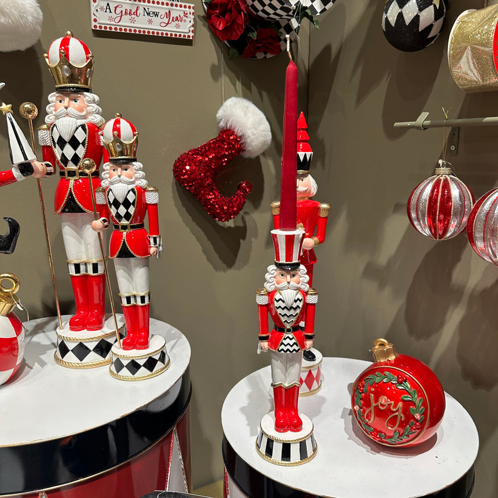 Viv! Christmas Kerst Tafeldecoratie - Kandelaar Notenkraker - rood zwart wit - 30cm