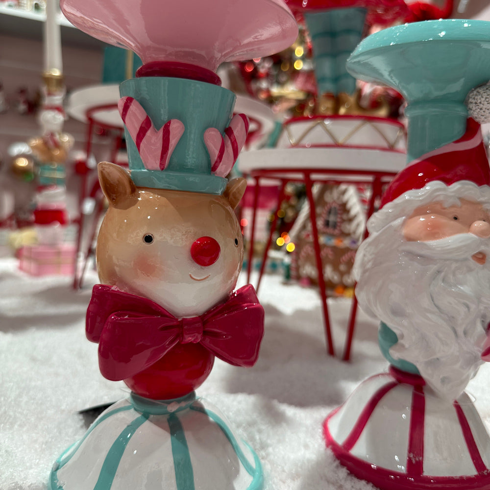 Viv! Christmas Kerst Tafeldecoratie - Kandelaar Kerstman en Rendier - set van 2 - roze rood blauw - 22cm