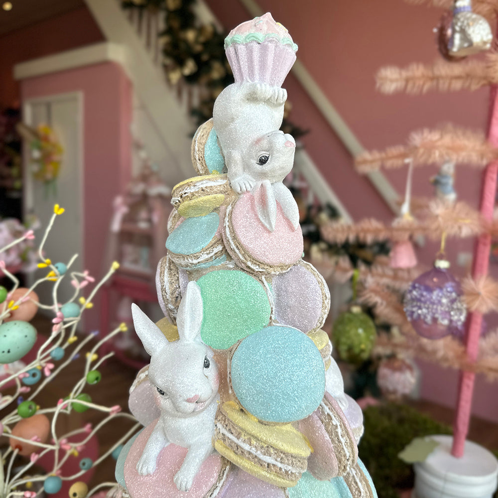 Viv! Christmas Paasdecoratie - Taart met Macarons en Konijntjes op Metalen Voetstuk - pasen - pastel - 60cm
