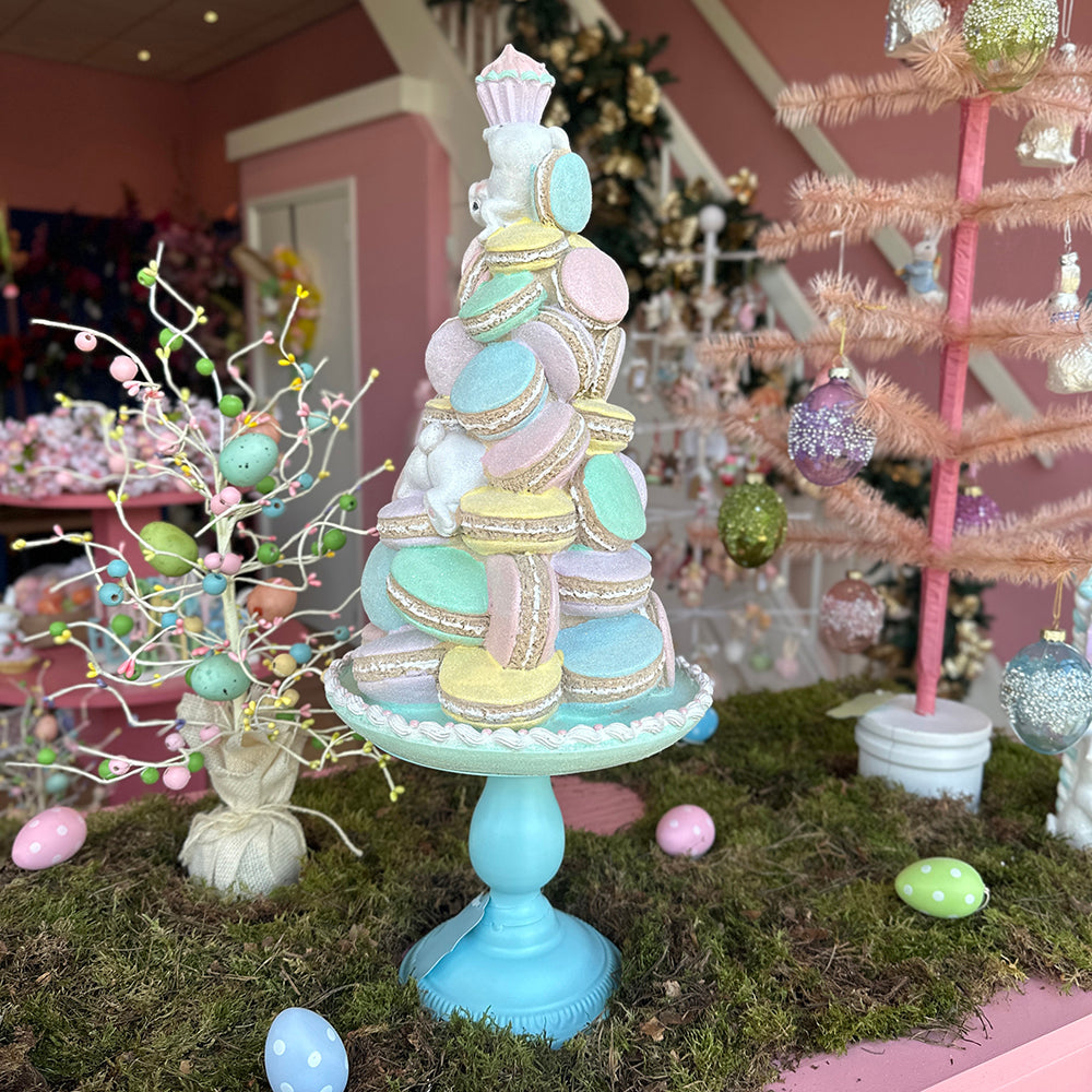Viv! Christmas Paasdecoratie - Taart met Macarons en Konijntjes op Metalen Voetstuk - pasen - pastel - 60cm