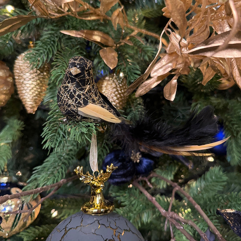 Goodwill M&G Kerstboomversiering - Vogels op Clip - set van 6 - zwart goud - 14cm