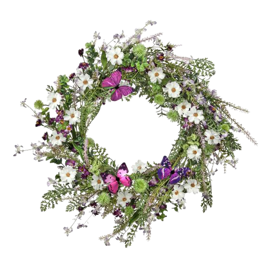 Viv! Home Luxuries Krans Bloemen - Wilde bloemen met vlinders - paars wit - Ø60cm