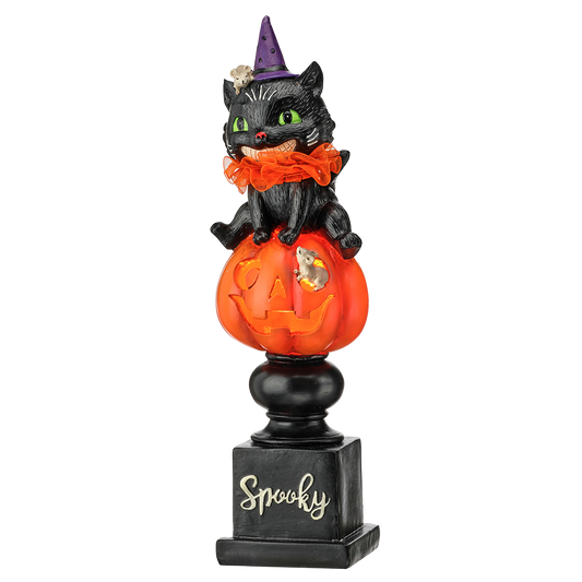 Viv! Christmas Halloween Decoratie Beeld - 'Spooky' Kat op Stapel Pompoenen incl. LED Verlichting - 36 cm
