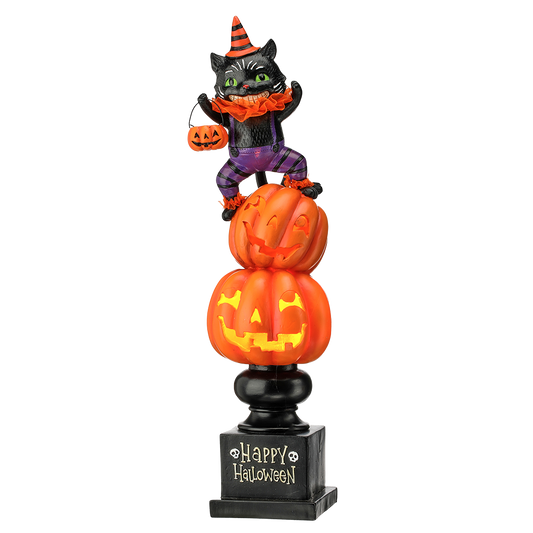 Viv! Christmas Halloween Decoratie Beeld - 'Happy Halloween' Kat op Stapel Pompoenen incl. LED Verlichting - 53 cm