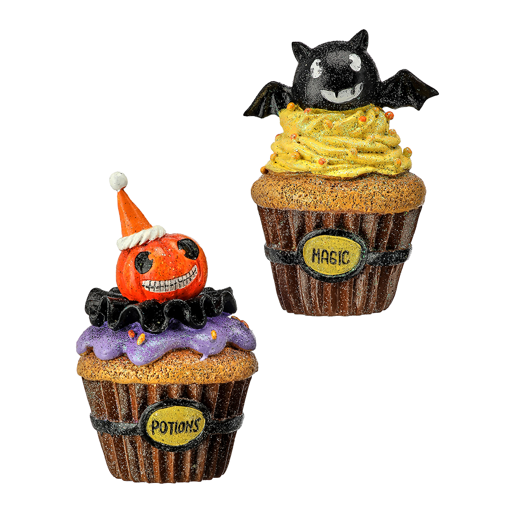 Viv! Christmas Halloween Decoratie Beeld - Vleermuis en Pompoen Cupcake - set van 2 - 13-14 cm