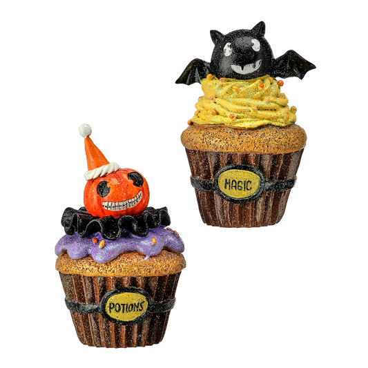 Viv! Christmas Halloween Decoratie Beeld - Vleermuis en Pompoen Cupcake - set van 2 - 13-14 cm
