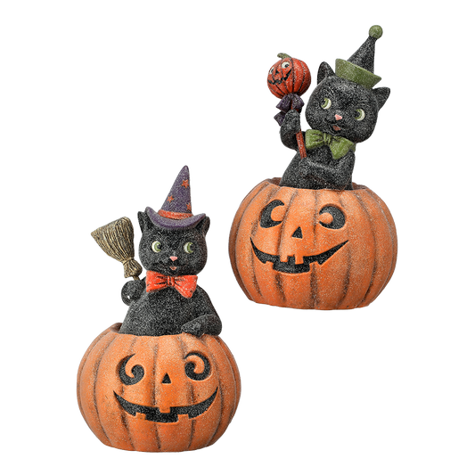 Viv! Christmas Halloween Decoratie Beeld - Zwarte Kat in Pompoen - set van 2 - 27 cm