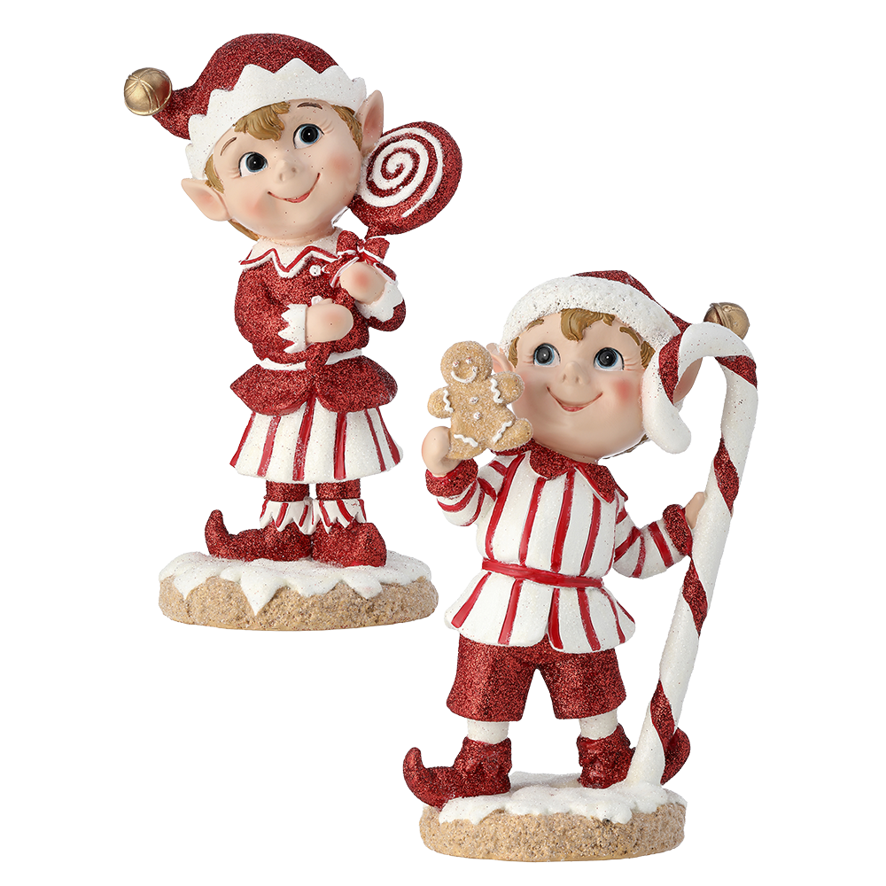 Viv! Christmas Kerstbeeld - Snoep Elfjes - set van 2 - rood wit - 20cm