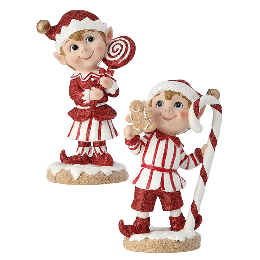 Viv! Christmas Kerstbeeld - Snoep Elfjes - set van 2 - rood wit - 20cm