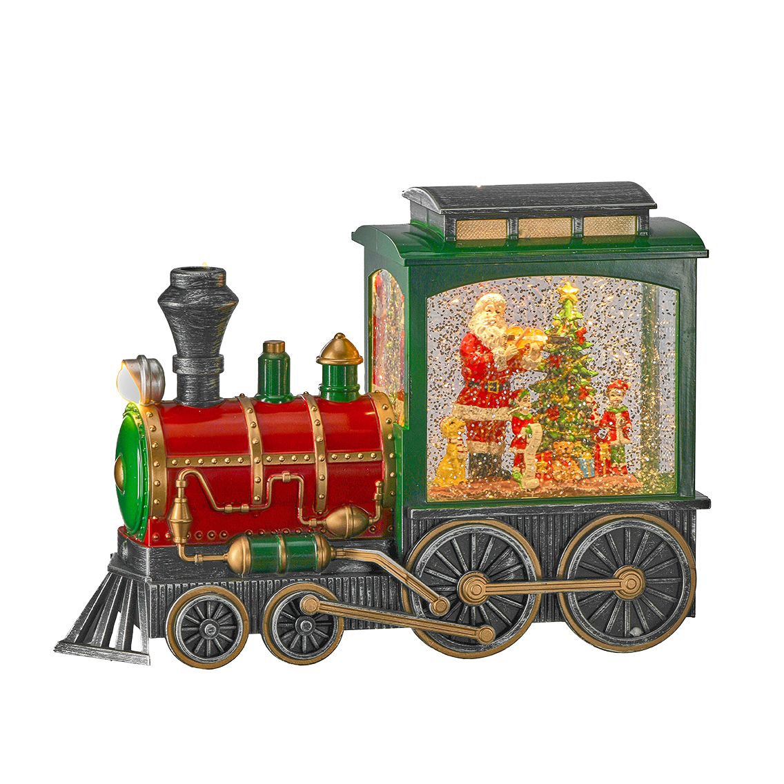Viv! Christmas Kerst Sneeuwbol incl. LED - Trein met Kerstman - automatisch - rood groen - 25cm
