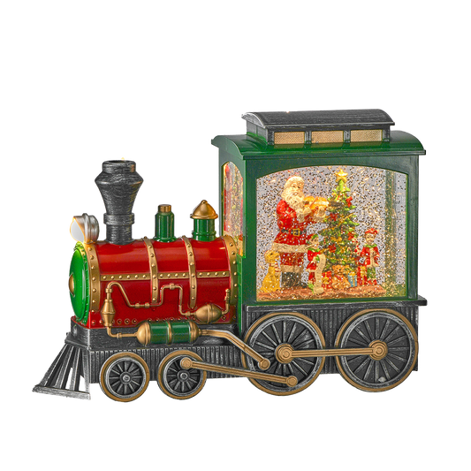 Viv! Christmas Kerst Sneeuwbol incl. LED - Trein met Kerstman - automatisch - rood groen - 25cm