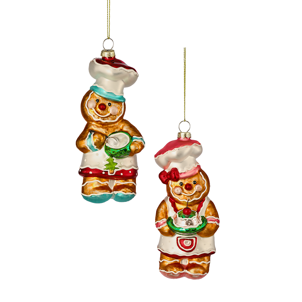 Viv! Christmas Kerstornament - Gingerbread Bakkers - set van 2 - glas - bruin rood - 15cm