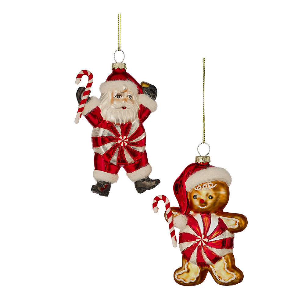 Viv! Christmas Kerstornament - Pepermunt Snoep Kerstman & Gingerbread Mannetje - set van 2 - glas - rood wit - 13cm