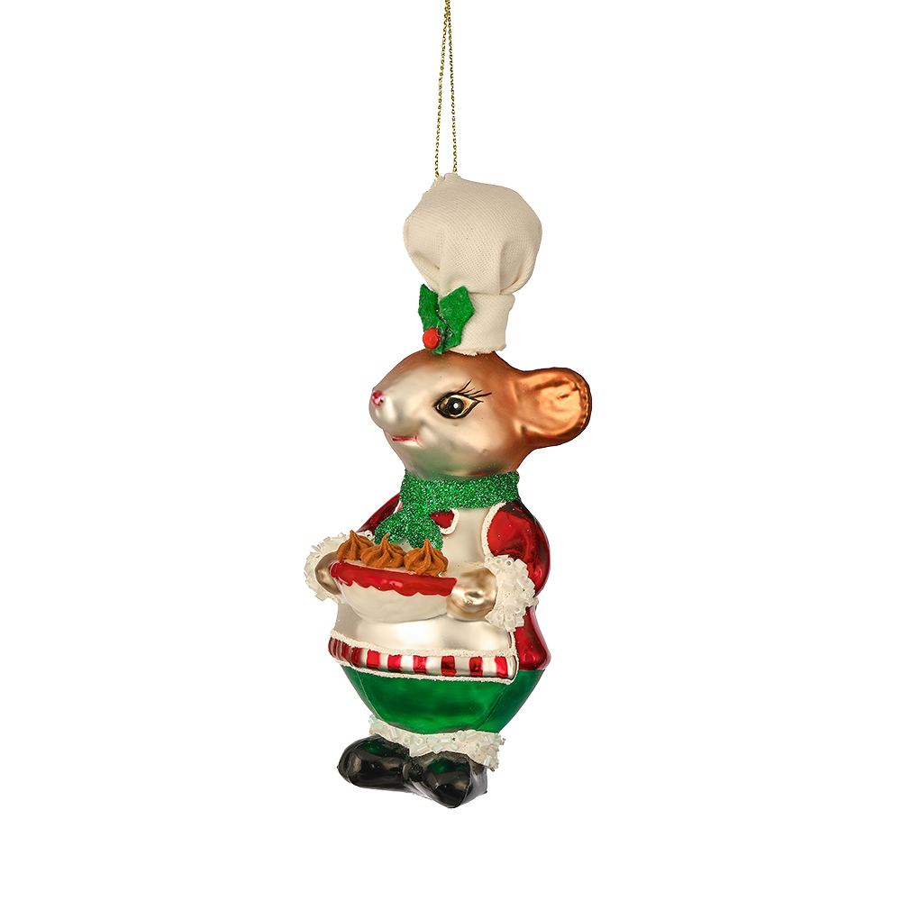Viv! Christmas Kerstornament - Muis met Taart - glas - rood groen - 14cm