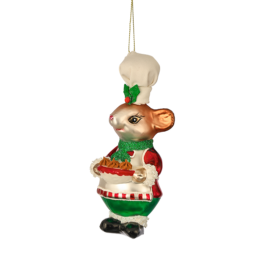 Viv! Christmas Kerstornament - Muis met Taart - glas - rood groen - 14cm
