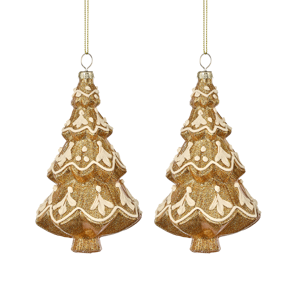 Viv! Christmas Kerstornament - Gingerbread Kerstboom - set van 2 - glas - bruin wit - 14cm