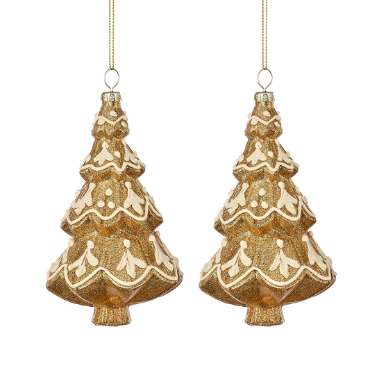 Viv! Christmas Kerstornament - Gingerbread Kerstboom - set van 2 - glas - bruin wit - 14cm