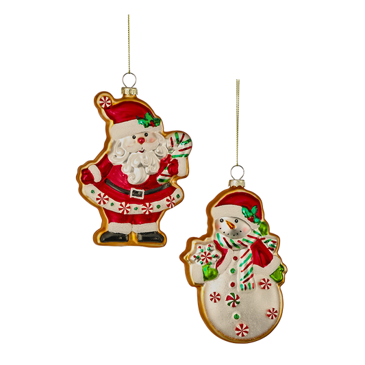 Viv! Christmas Kerstornament - Kerstman & Sneeuwpop Koekjes - set van 2 - glas - rood wit bruin - 14cm